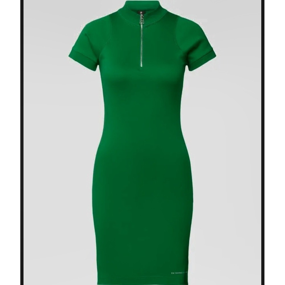 G-Star RAW Zip Front Body Con Green Mock Neck Dress Ultra Slim Fit Size M